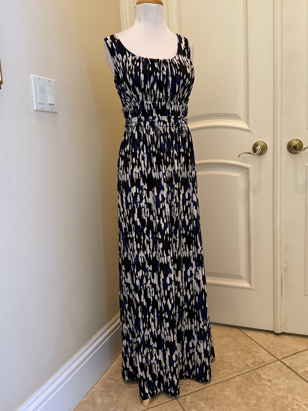 New with tag AB studio blue, black , white jersey knit maxi dress